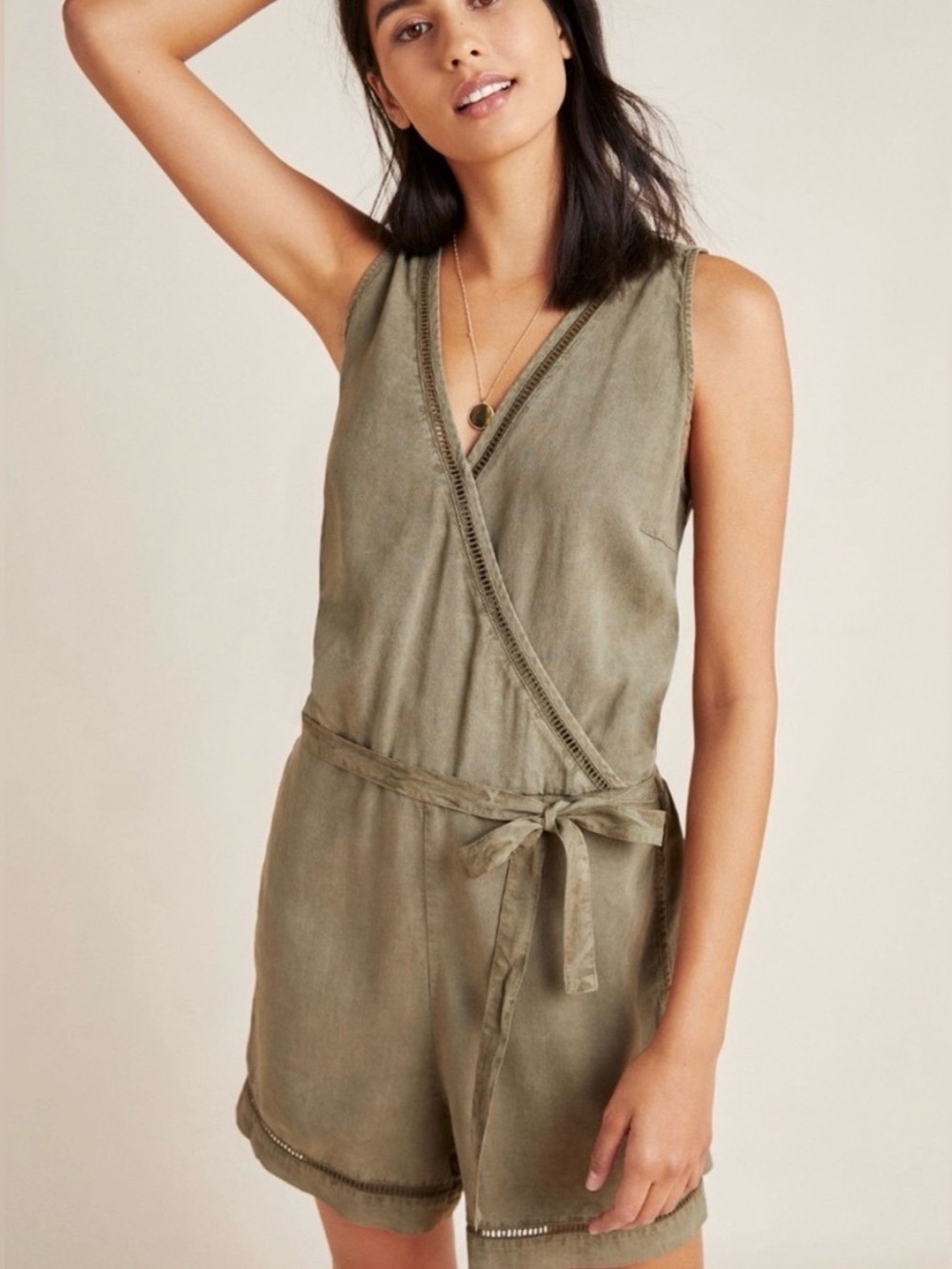 Anthropologie Olive Sleeveless Wrap Romper with Tie Waist